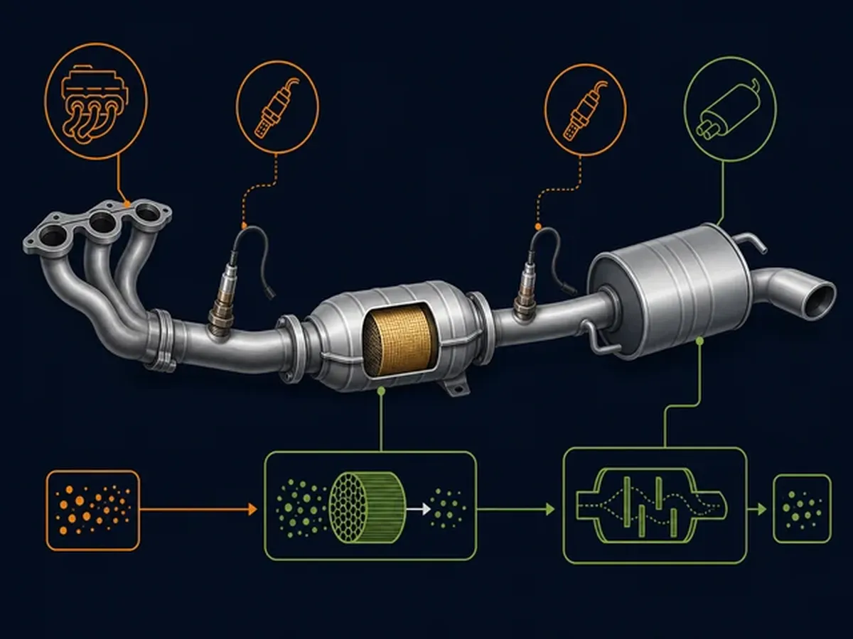 Schematische Darstellung des Abgaswegs mit Katalysator und Sensoren